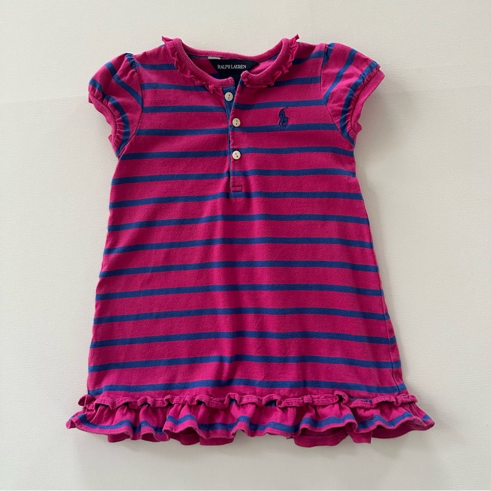 Ralph Lauren 12 Months Baby Girl Pink Blue Striped Ruffle Dress Spring Summer